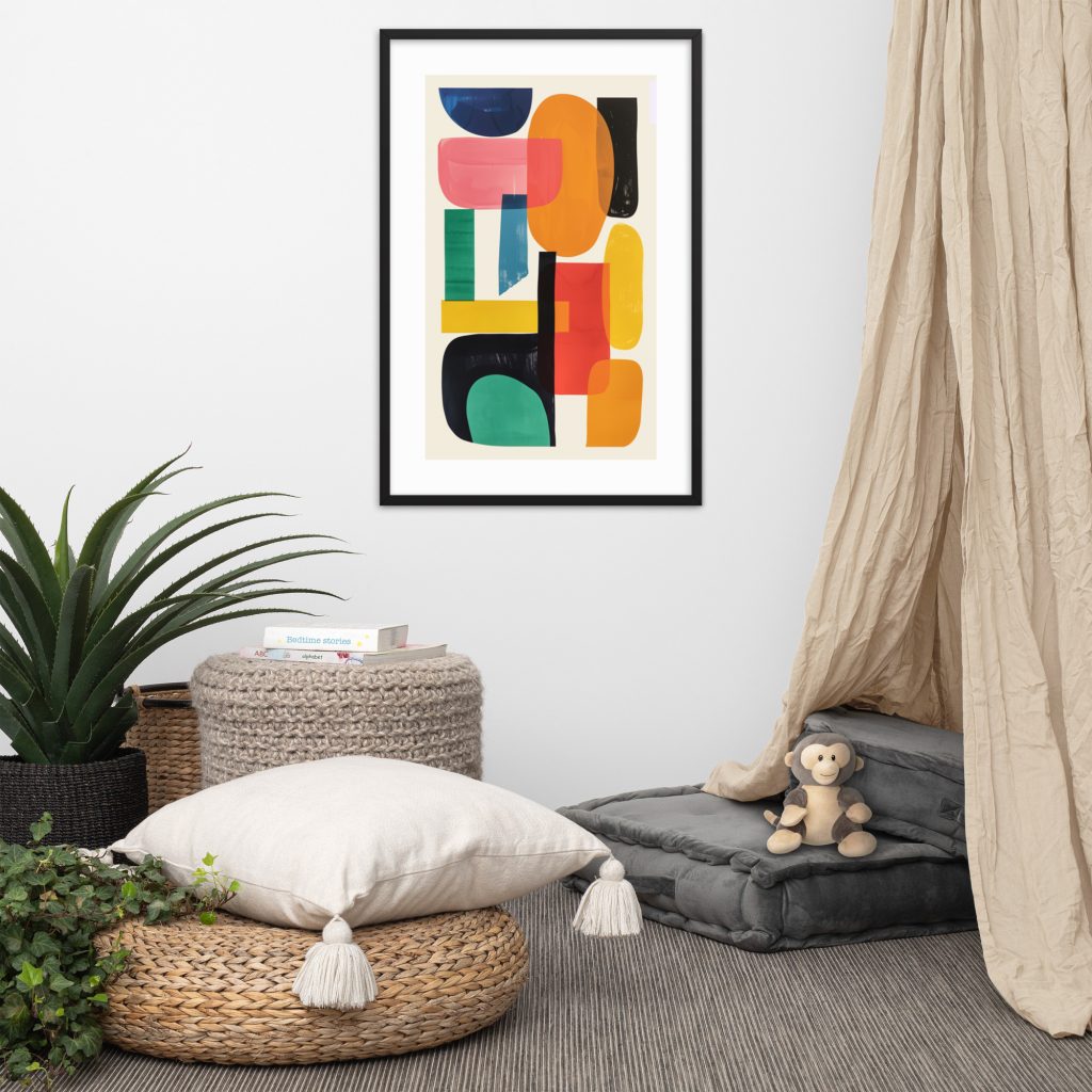 A cozy reading nook with abstract wall art and soft seating.