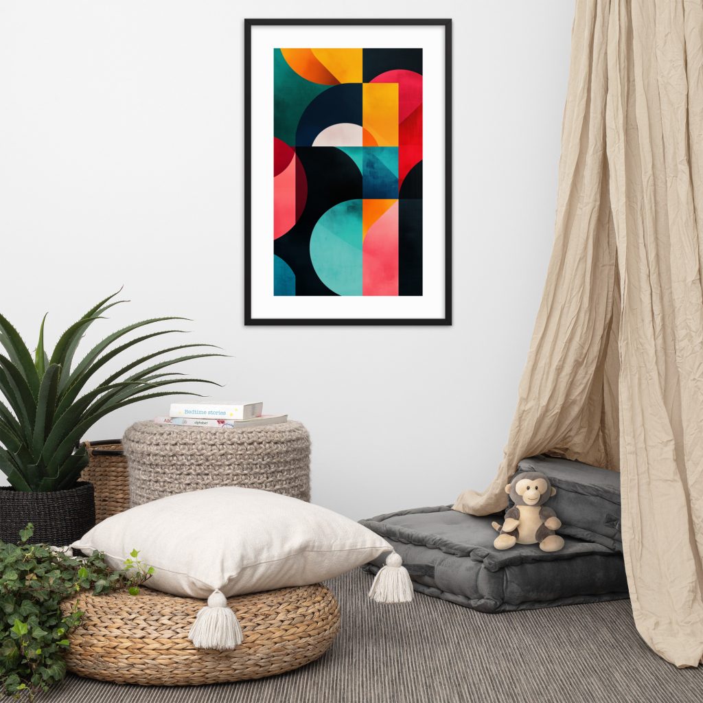 A cozy, modern corner with abstract wall art, floor cushions, and a small plant.