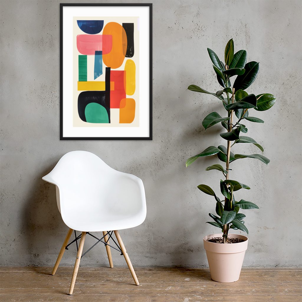 Modern white chair and potted plant under colorful abstract art