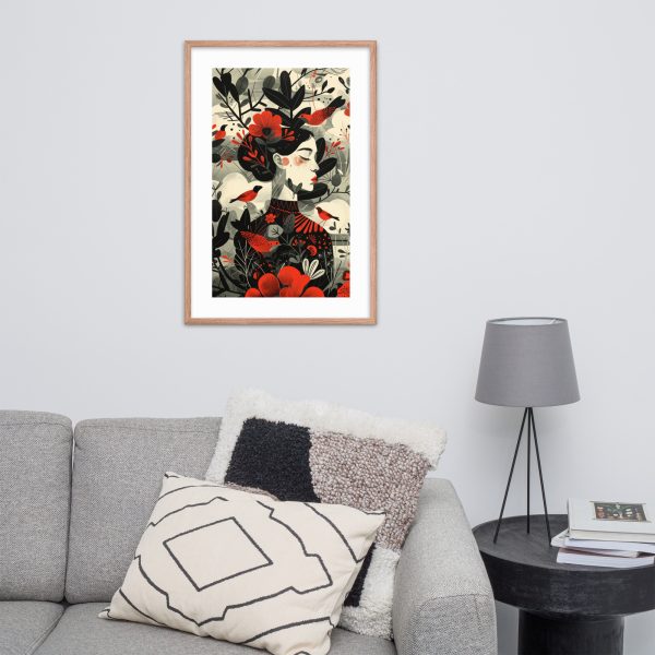 A framed abstract artwork hangs above a gray sofa with patterned pillows.