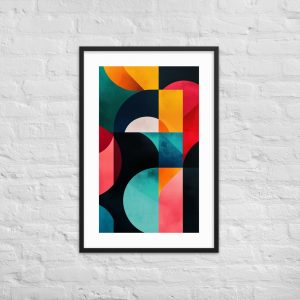 Abstract geometric art print featuring bold and vibrant colors in a black frame.