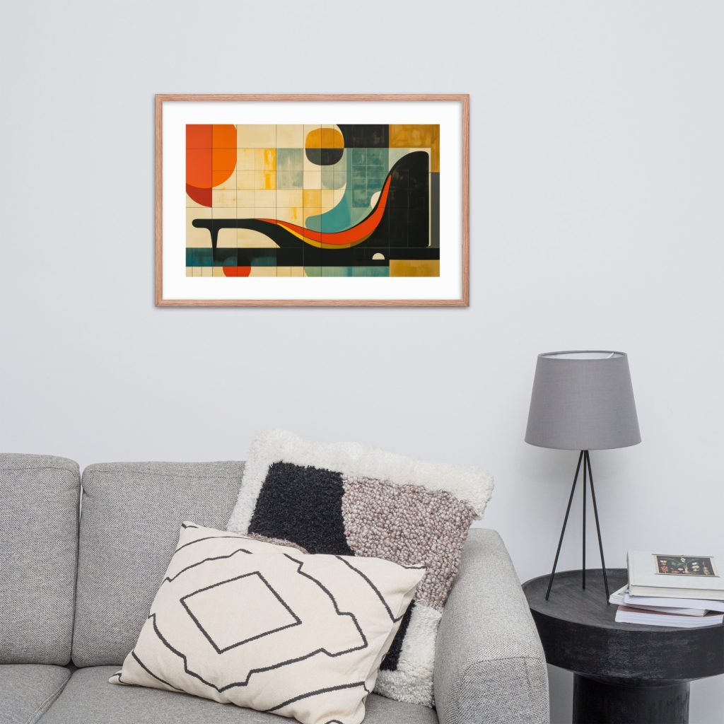 A modern living room featuring a grey couch with minimalistic decor and geometric artwork.