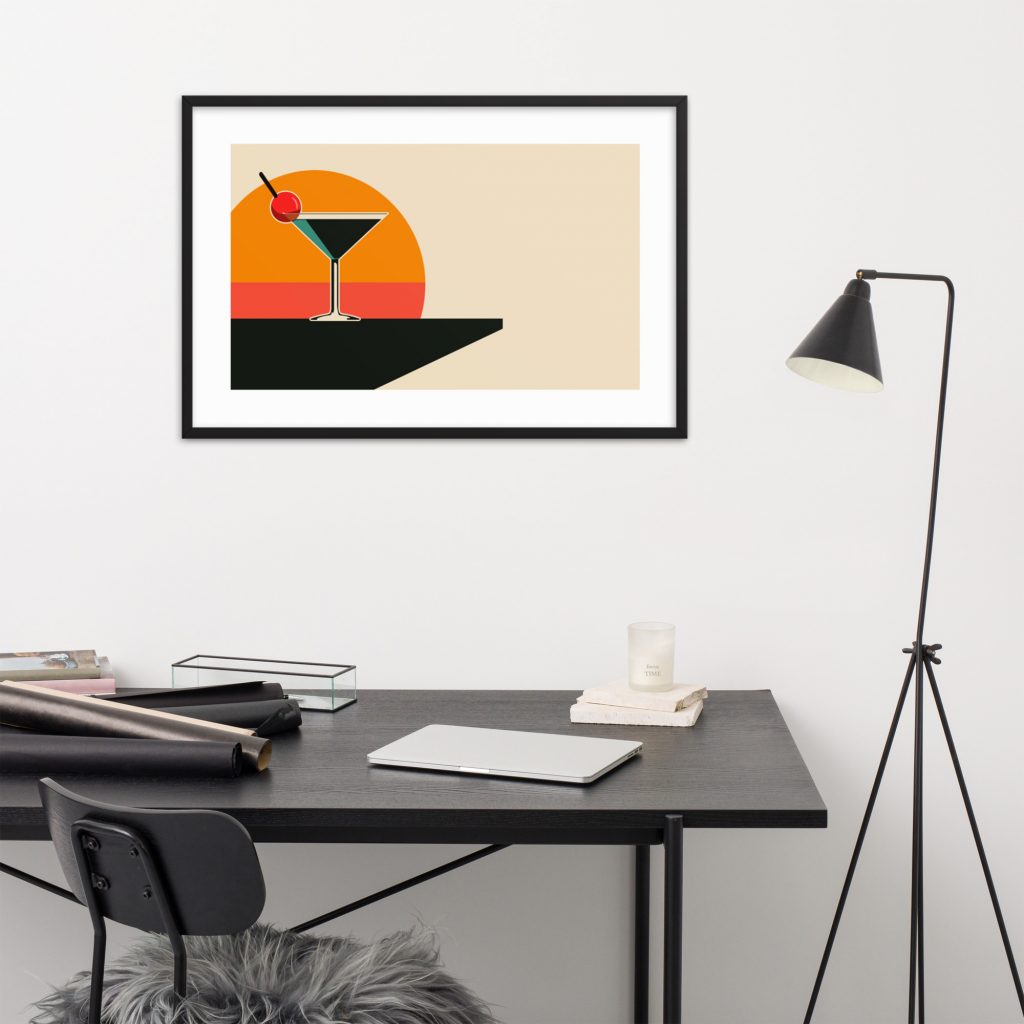Modern workspace with framed abstract art
