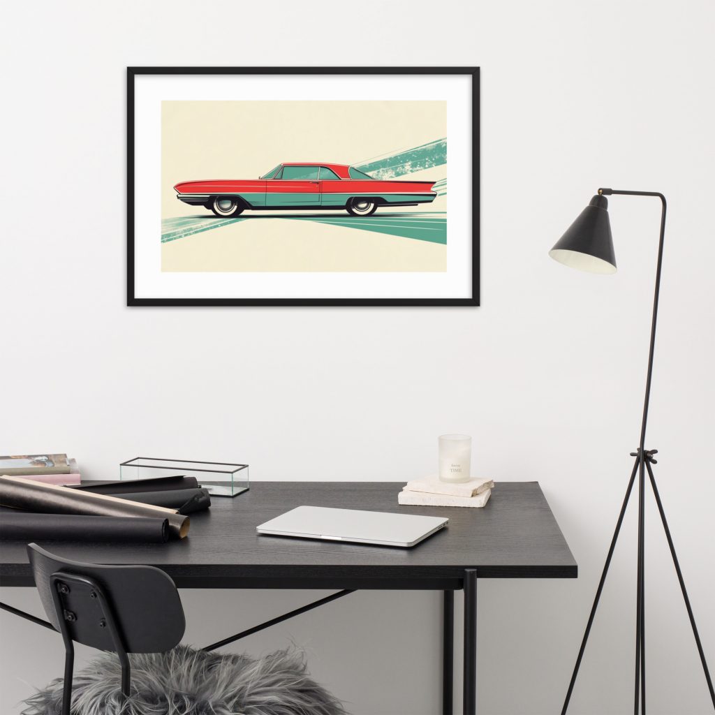 Modern desk with framed car print and black lamp