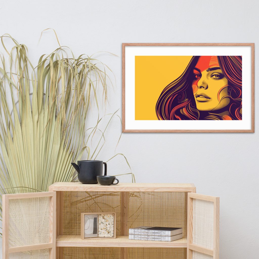 Modern interior with framed pop art portrait on a light-colored wall.