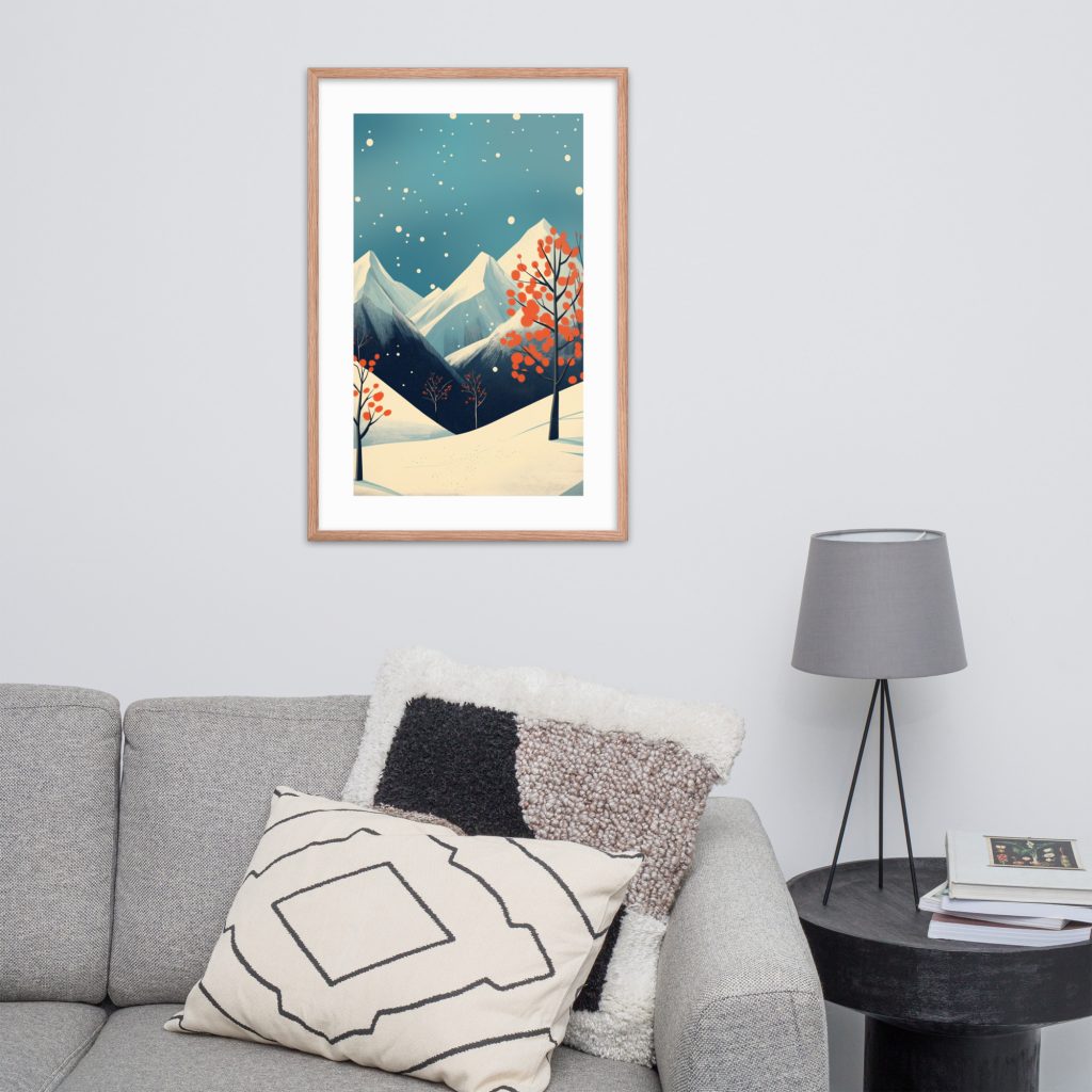 Modern living room with mountain artwork