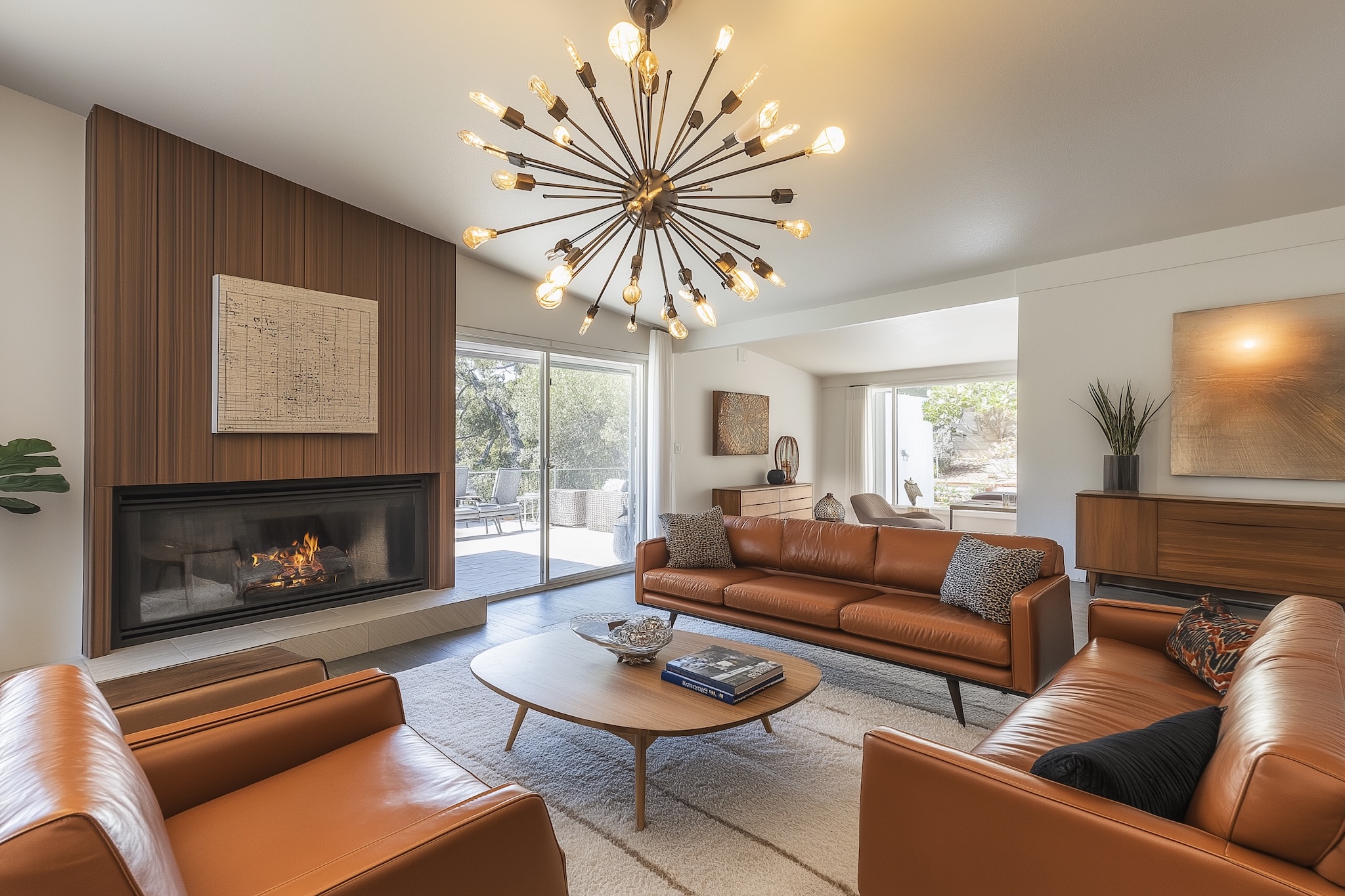 A modern living room with leather sofas, a unique chandelier, and framed artwork above the fireplace.