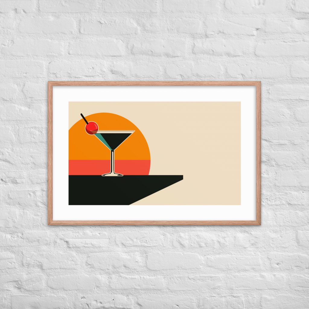 Framed modern artwork of a martini against a sunset on a white brick wall