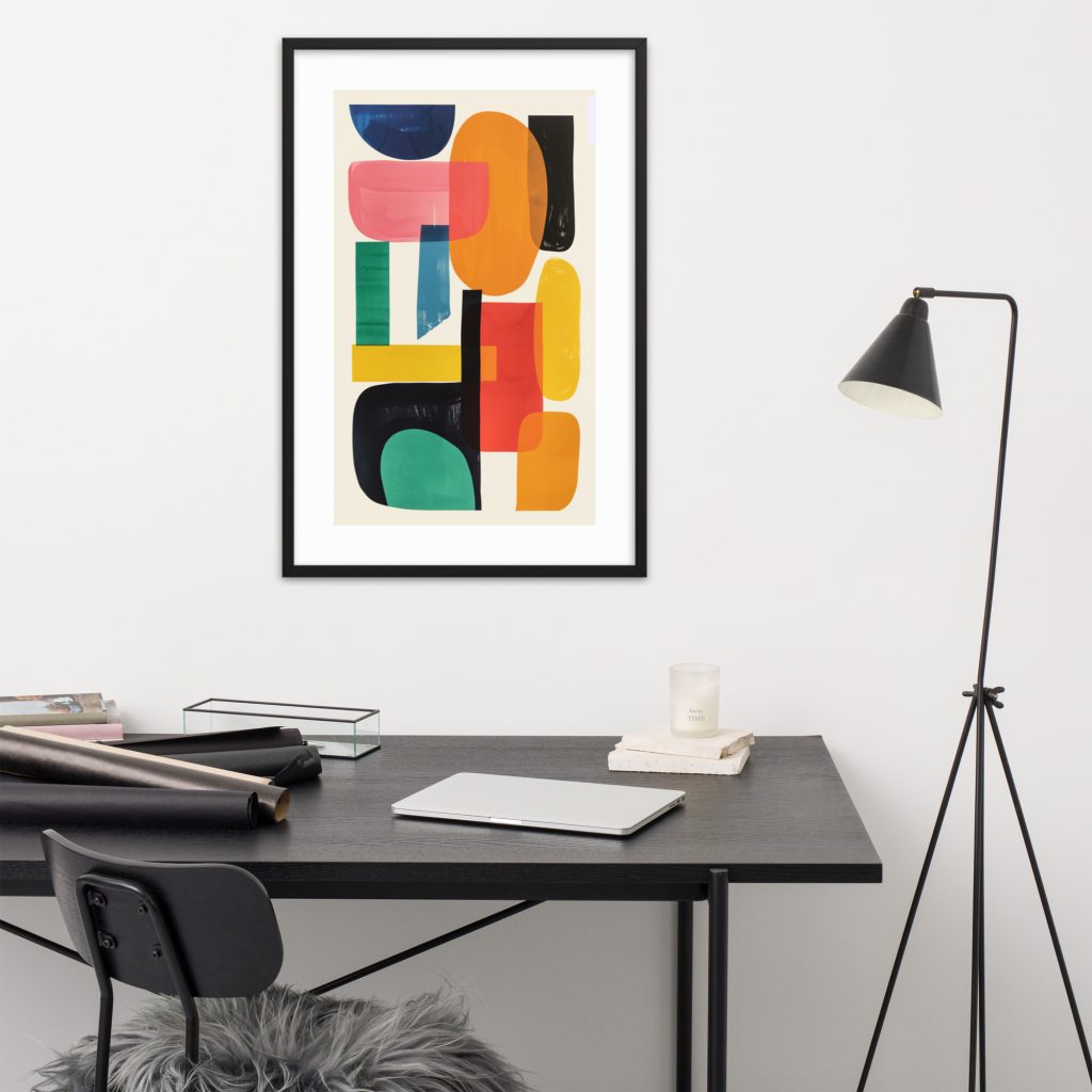 Modern office with abstract artwork and black furniture