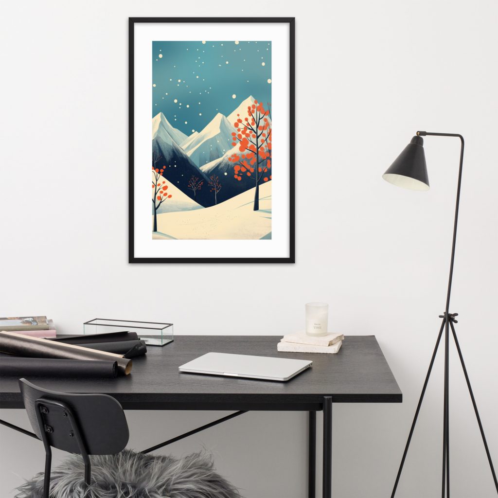 Modern workspace with framed mountain artwork and minimalist furniture