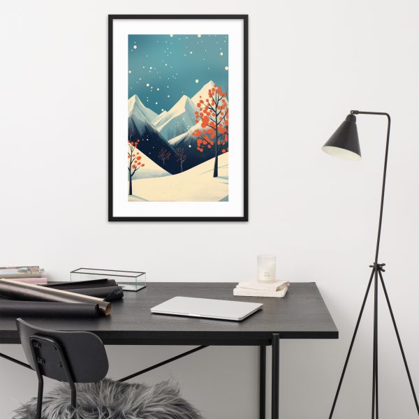 Modern workspace with framed mountain artwork and minimalist furniture