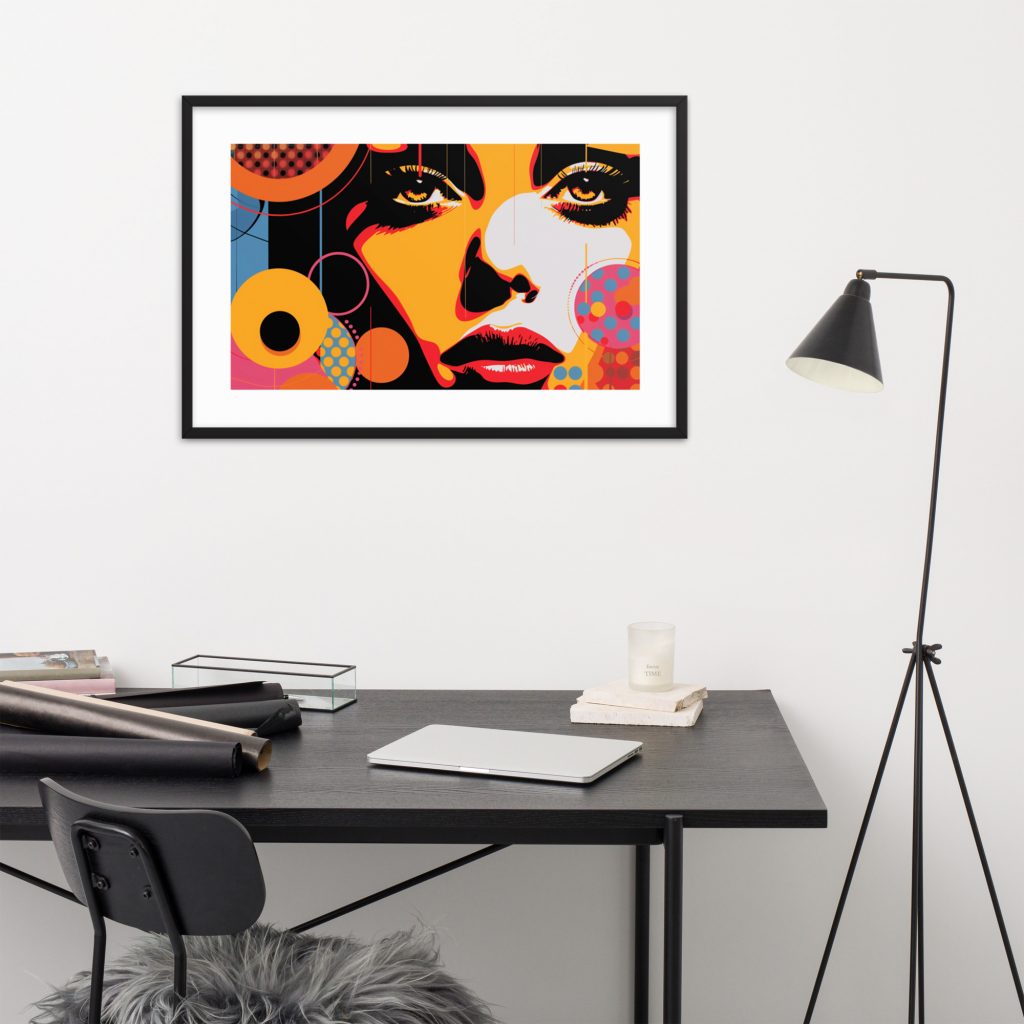 Modern office desk with colorful pop art portrait