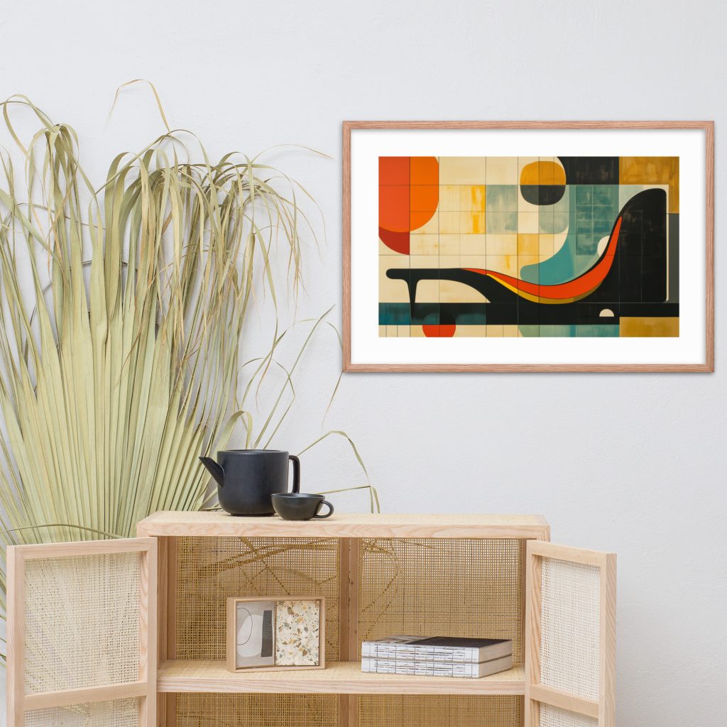 A modern sideboard with woven rattan doors, a minimalist black teapot set, and abstract wall art hanging above.