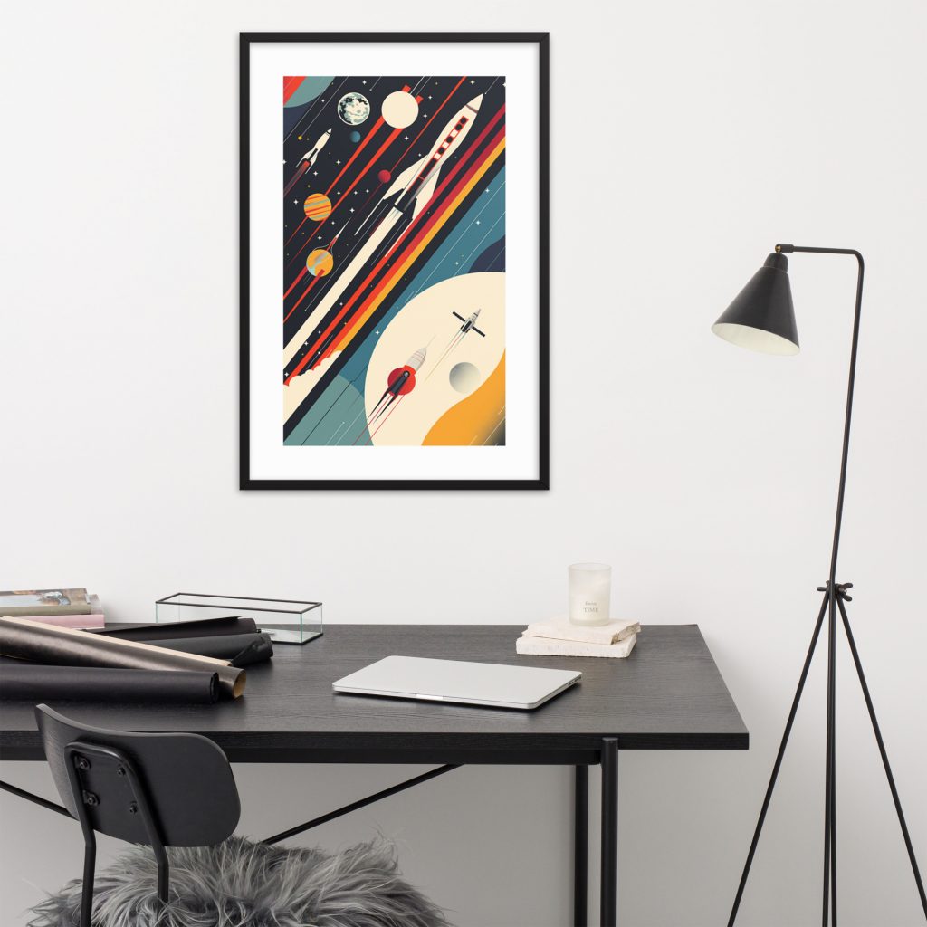 A modern workspace featuring a black desk with a unique space-themed art piece on the wall.