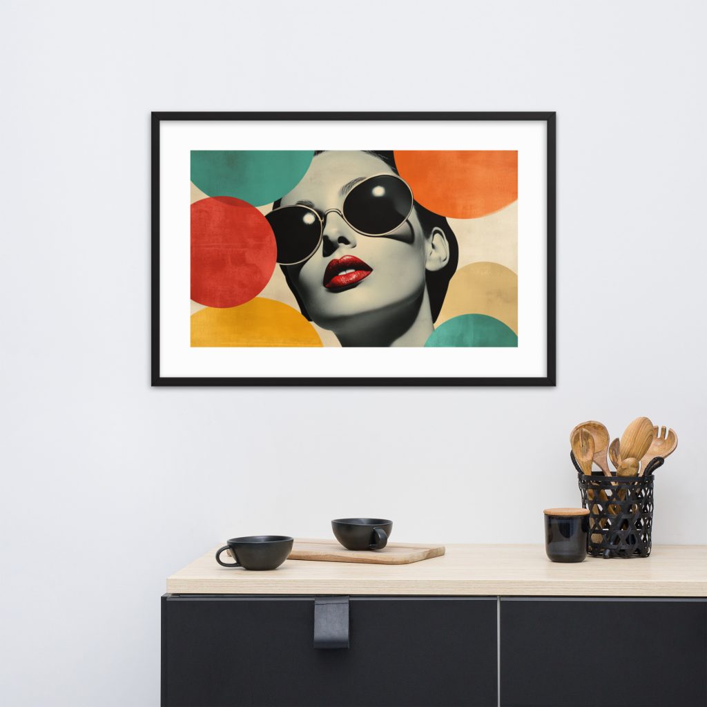 Stylish artwork of woman with sunglasses above modern cabinet