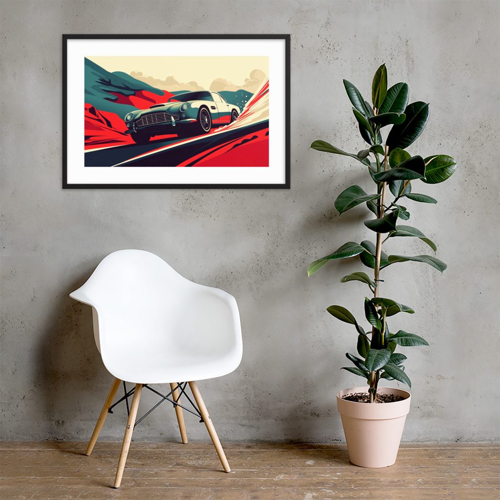 Modern room with white chair, automotive wall art, and green plant.