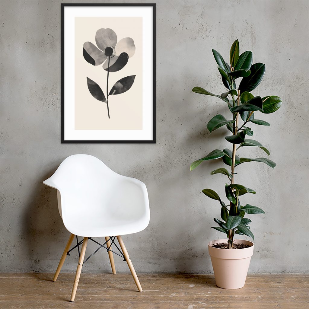 Modern chair next to framed botanical artwork and potted plant.