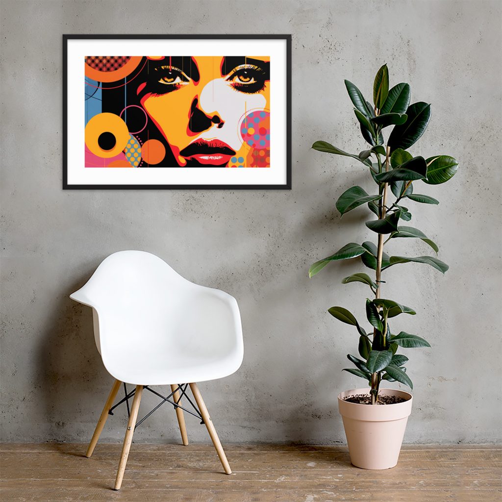 Modern chair with vibrant wall art and houseplant
