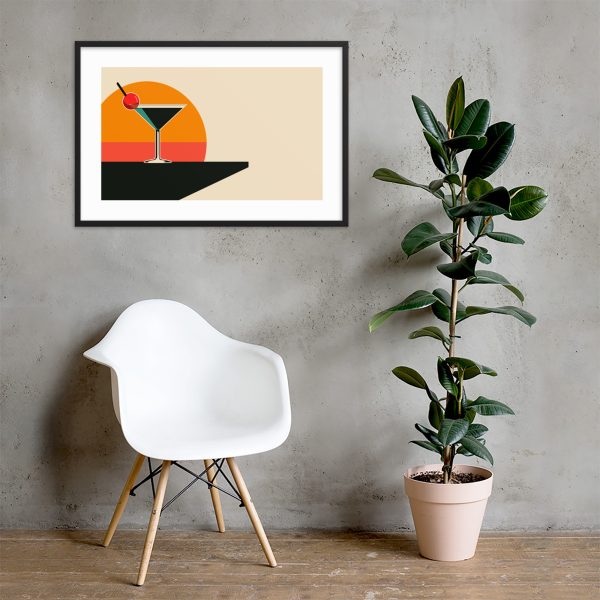 White chair, potted plant, and framed art against a concrete wall