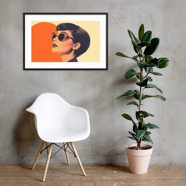 A modern white chair, potted plant, and framed artwork on a textured wall.