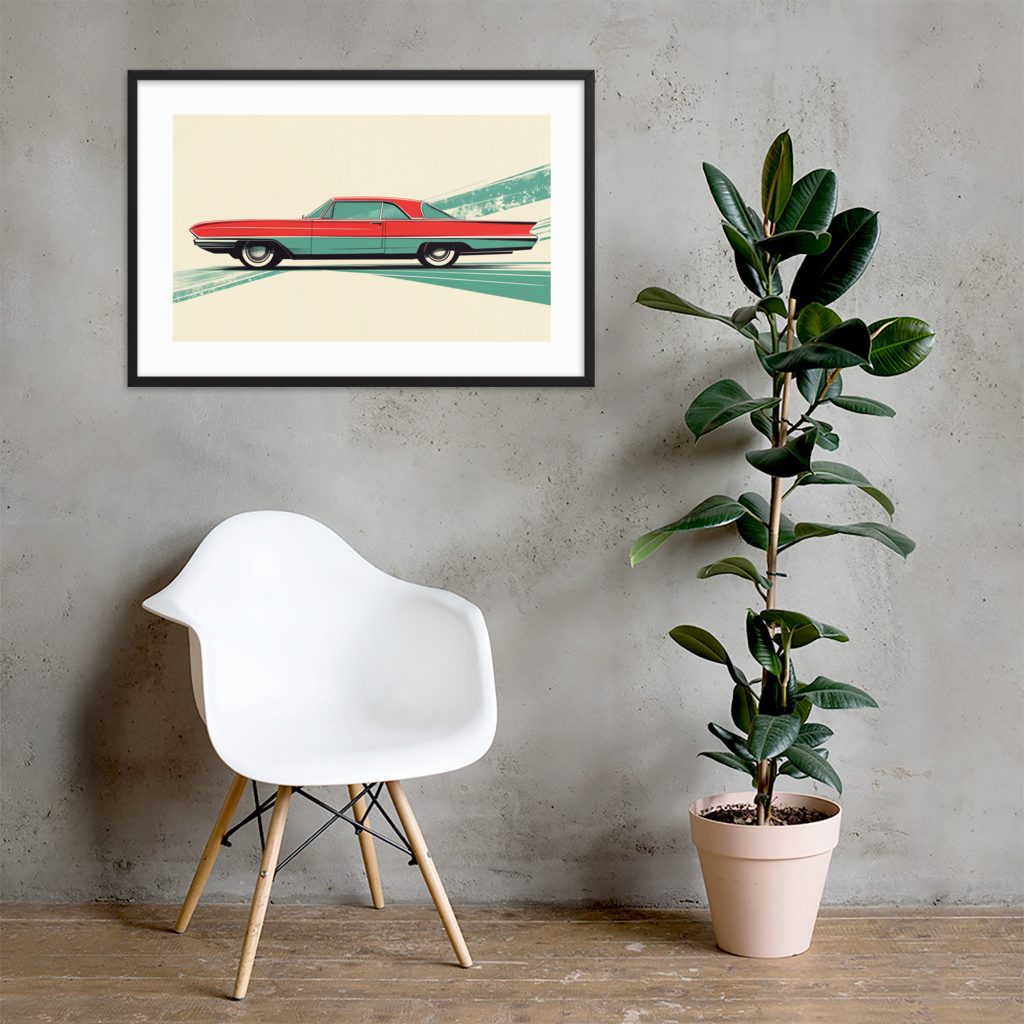 Minimalist room with modern chair, plant, and framed artwork on wall