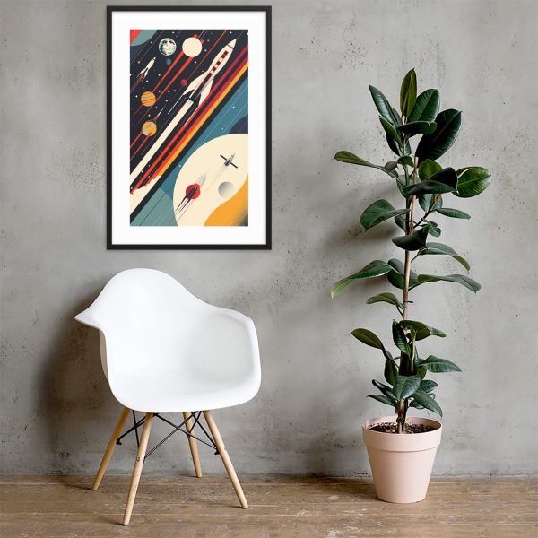 Modern chair, potted plant, and abstract space-themed artwork on concrete wall.