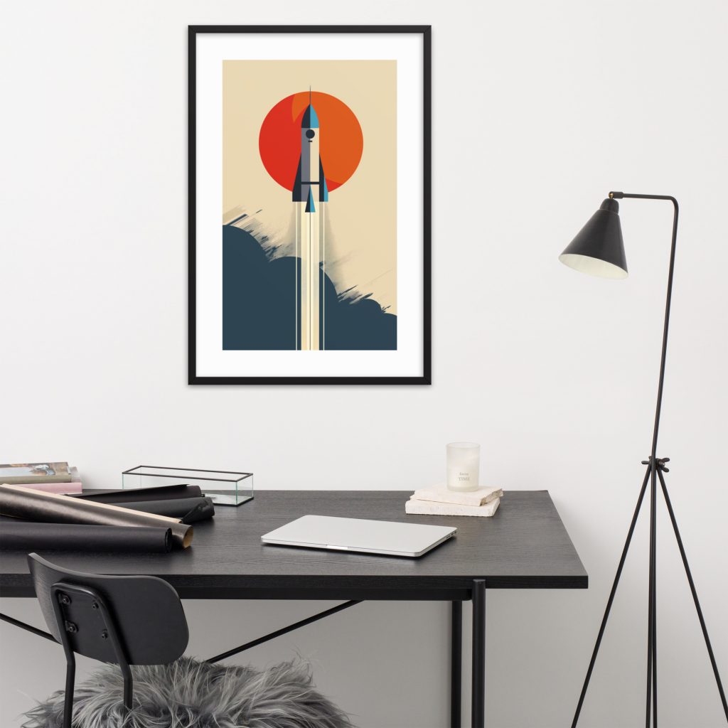 Modern minimalist workspace with rocket-themed wall art and desk lamp.
