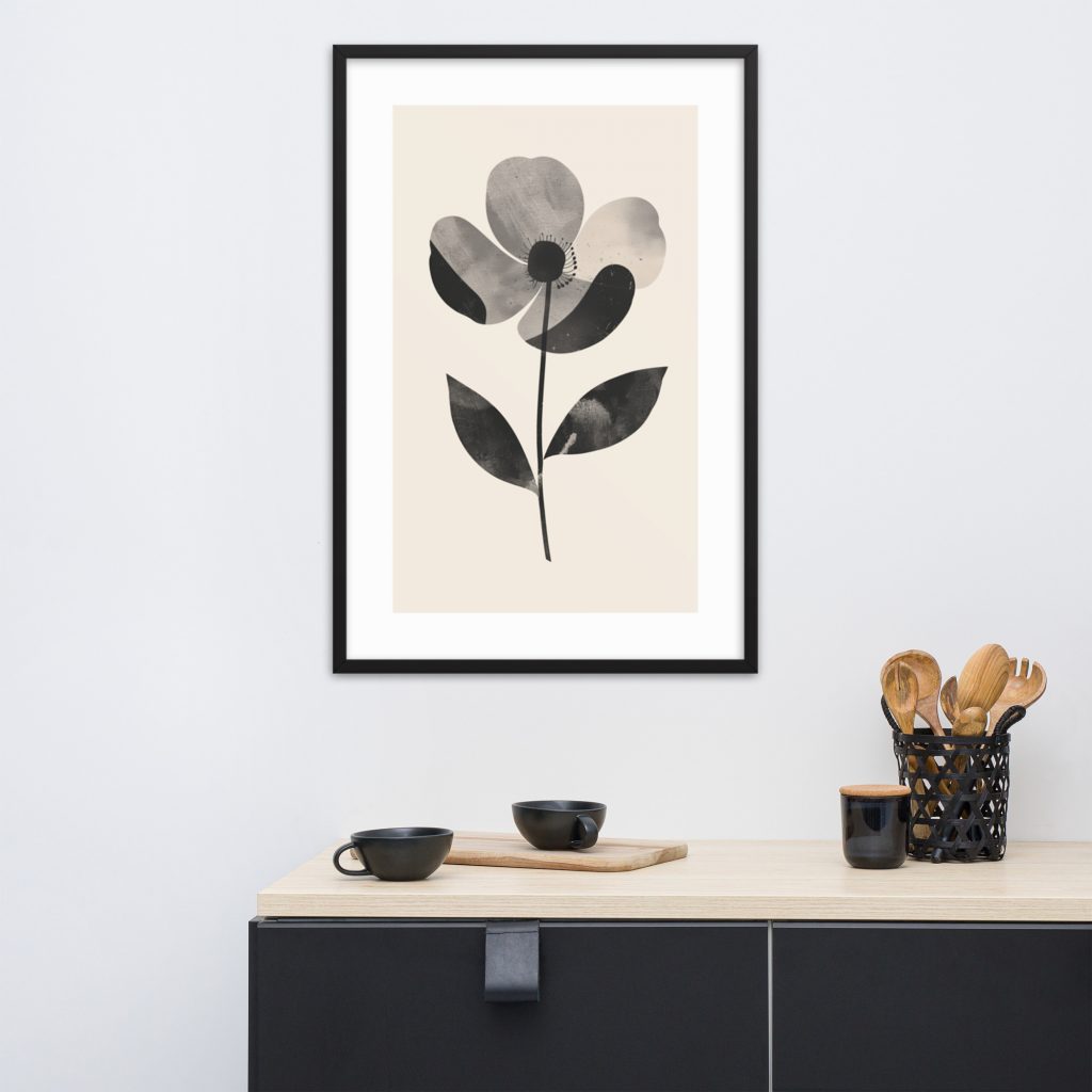Black and white floral artwork above a modern console table.