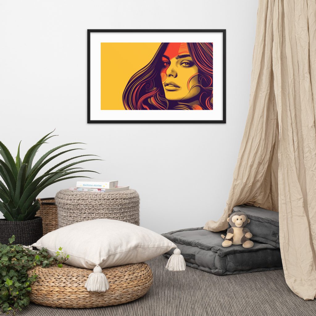 A cozy reading nook with a colorful portrait on the wall.