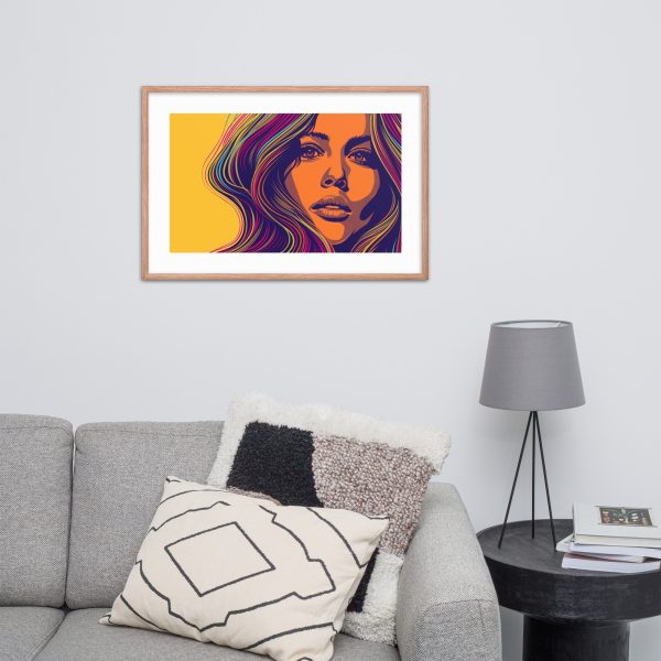 Colorful pop art portrait of a woman's face above gray couch.