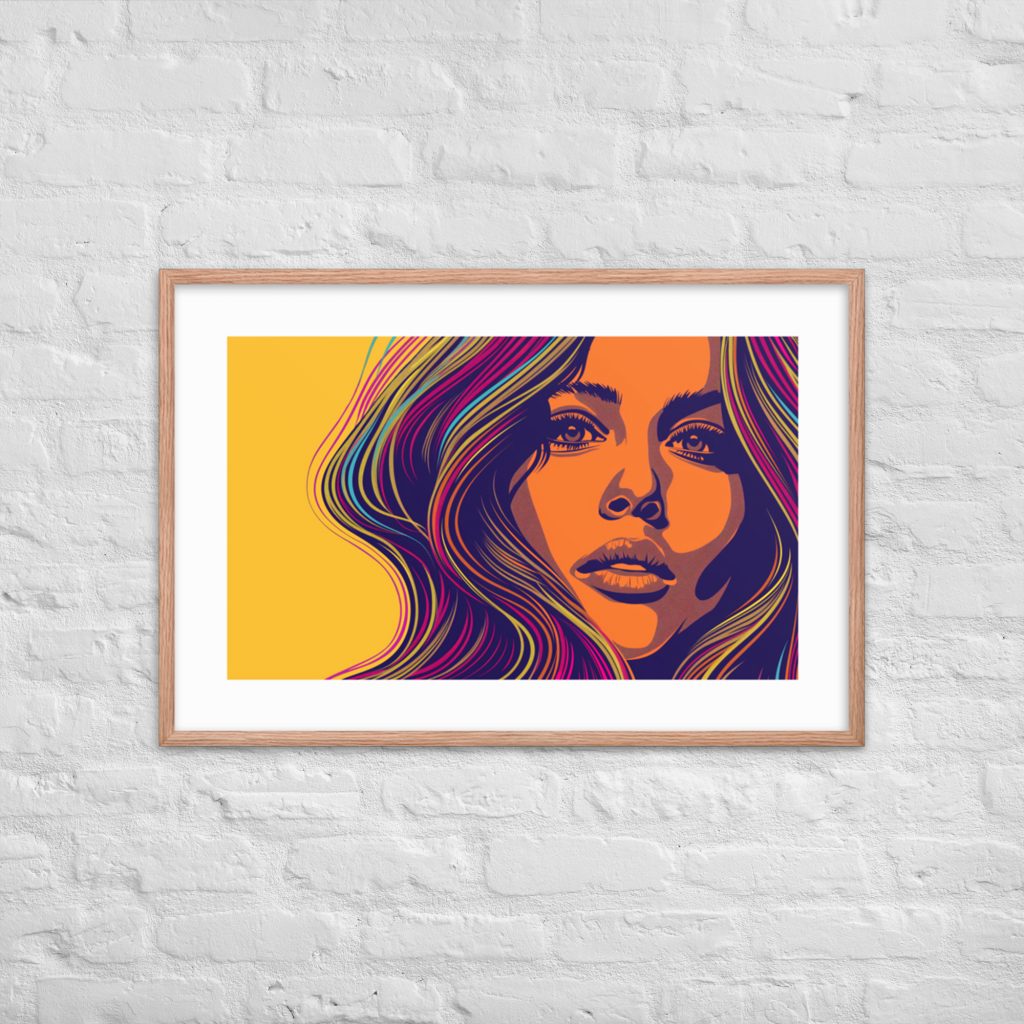Pop art portrait of a woman with colorful hair on a yellow background.