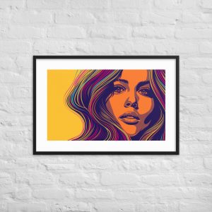 Pop art portrait of a woman with colorful hair on a yellow background.
