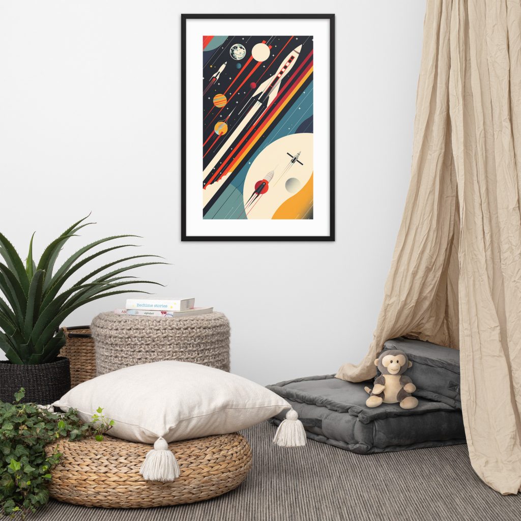 Cozy reading nook with space-themed artwork, floor cushions, and a potted plant.