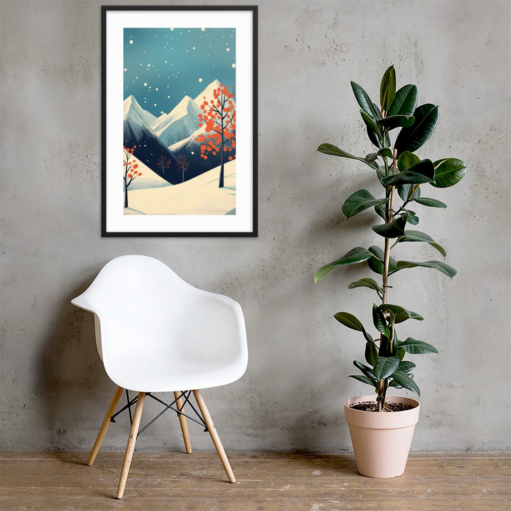 Modern interior with white chair, framed mountain art, and a potted plant