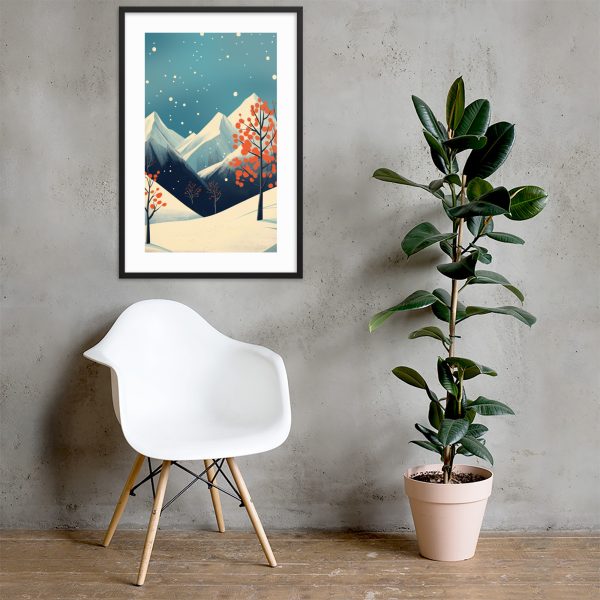 Modern interior with white chair, framed mountain art, and a potted plant