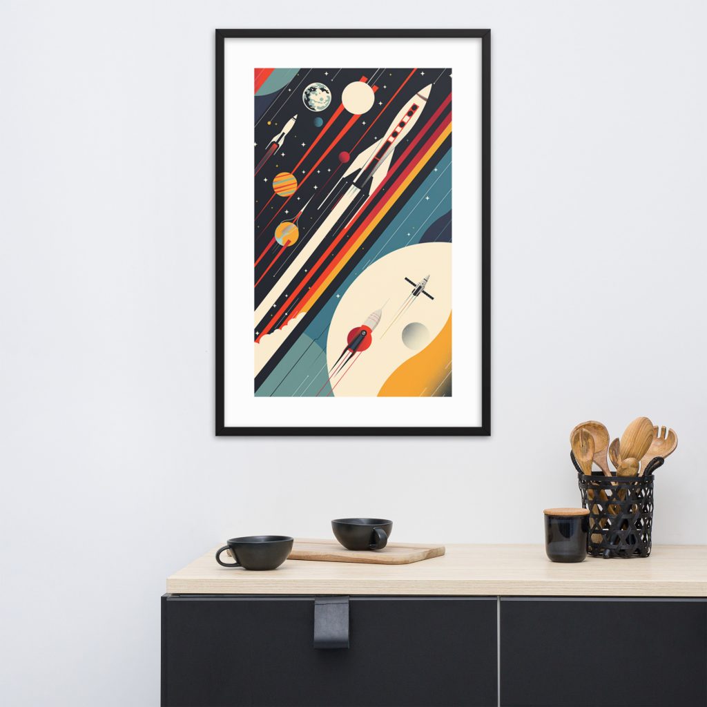 Space-themed artwork above minimalist sideboard.