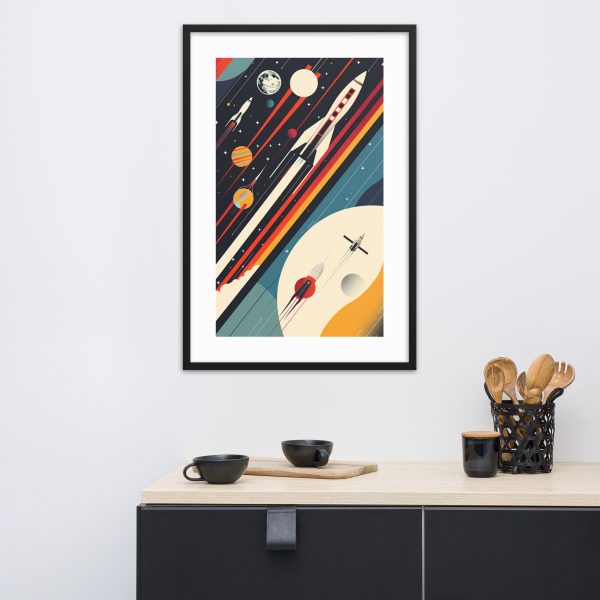 Space-themed artwork above minimalist sideboard.