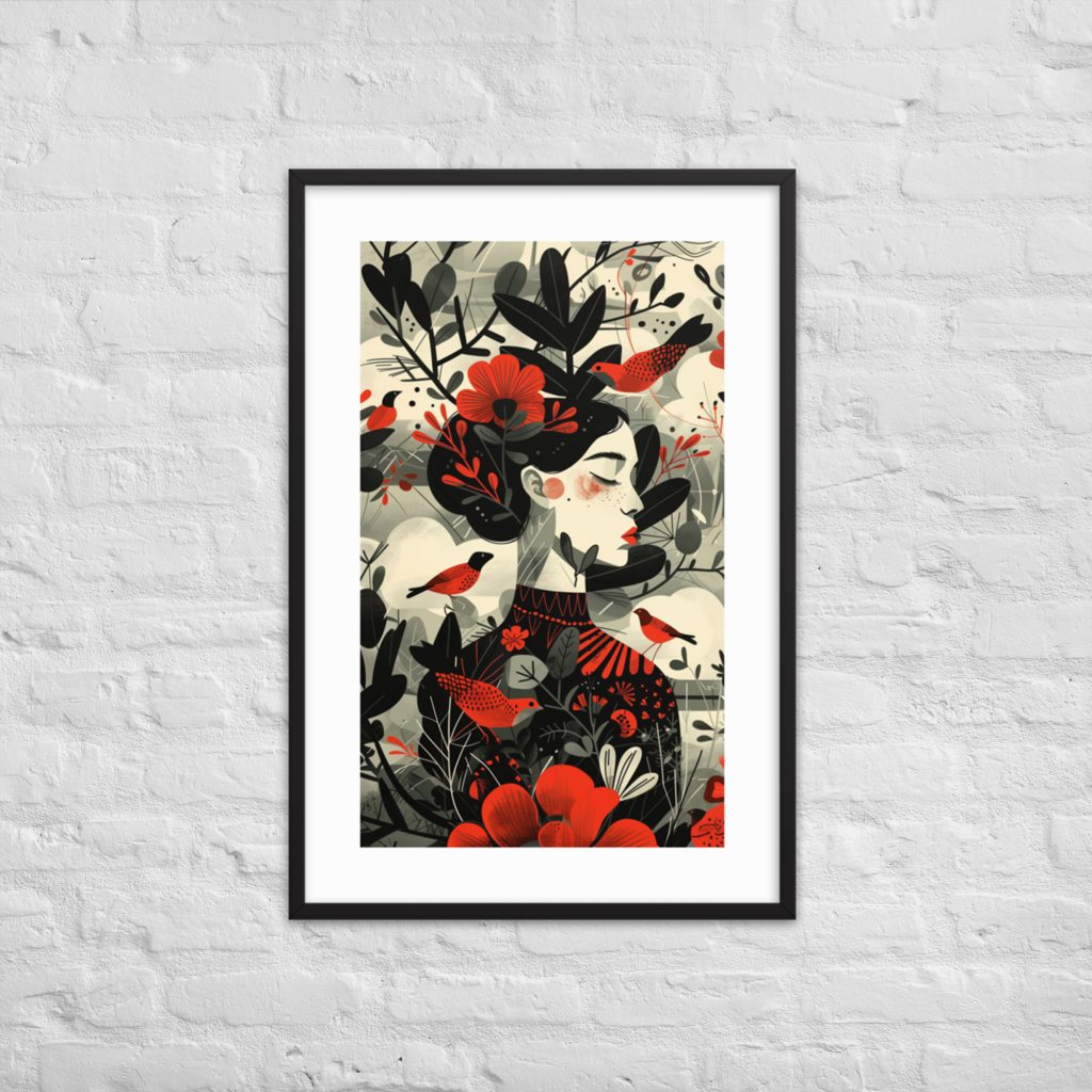 Framed artwork of a woman surrounded by nature elements and birds