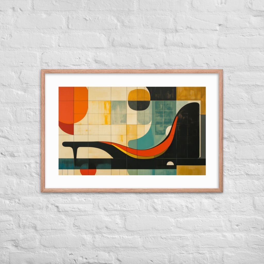Abstract geometric artwork with vivid colors in a white frame on a white brick wall.