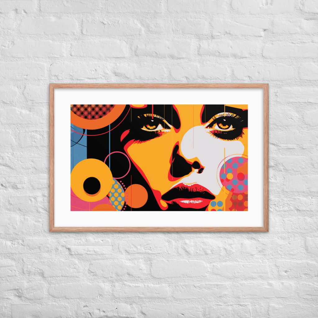 A modern, colorful portrait on a white brick wall