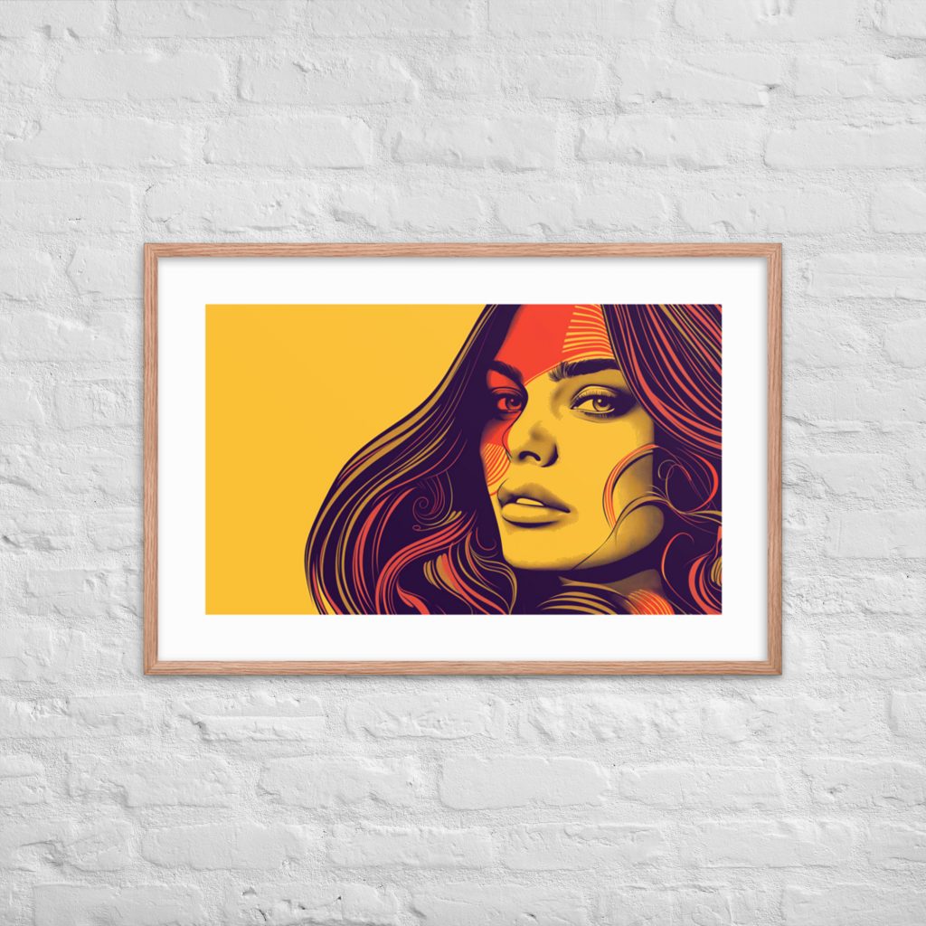 Vibrant pop art portrait of a woman with long hair on a yellow background.