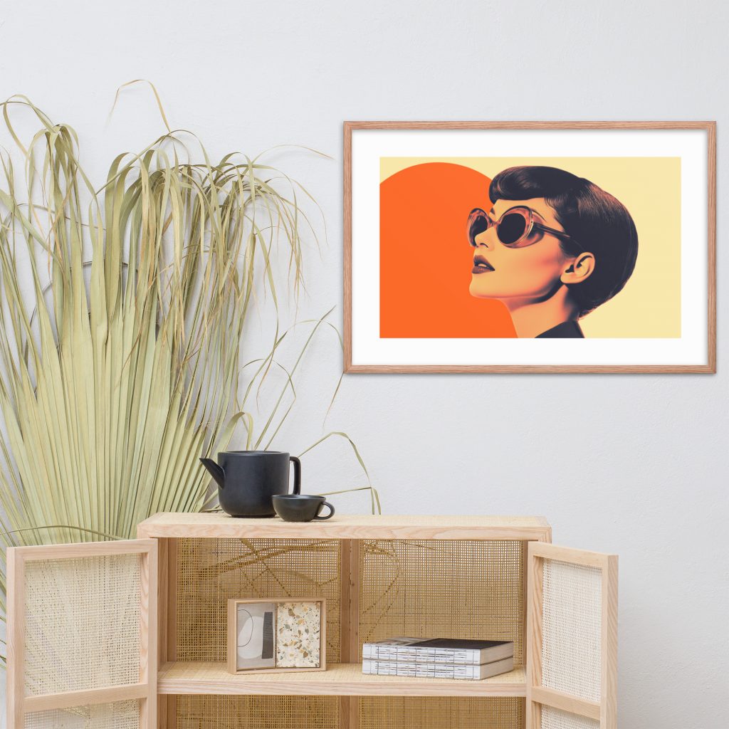 Modern wooden cabinet with framed pop art on wall.
