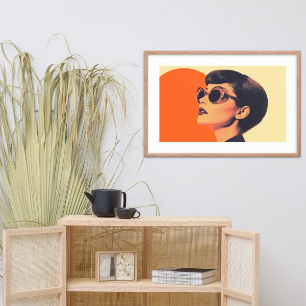 Modern wooden cabinet with framed pop art on wall.