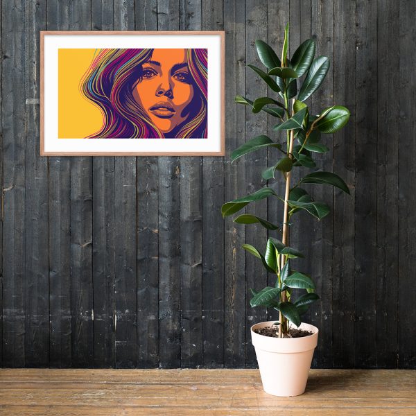 A colorful portrait of a woman's face next to a potted plant.