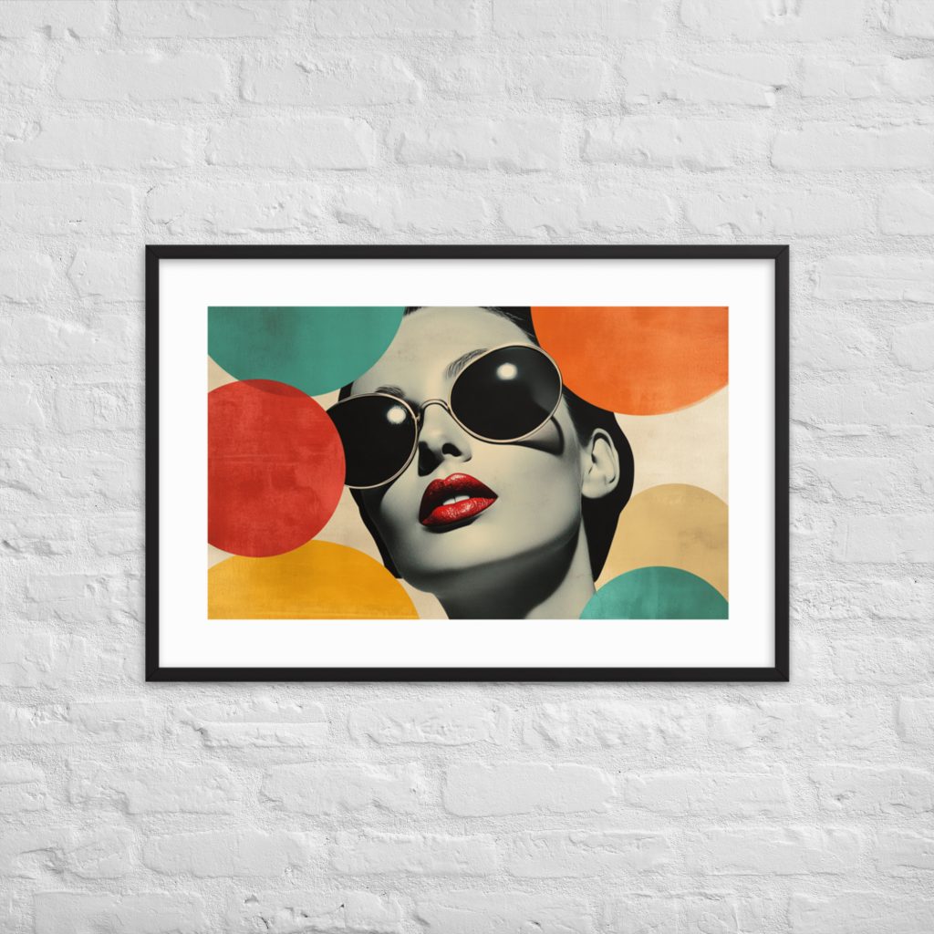 Portrait with colorful geometric background, featuring a woman in sunglasses
