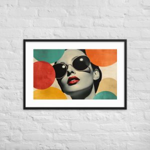 Portrait with colorful geometric background, featuring a woman in sunglasses