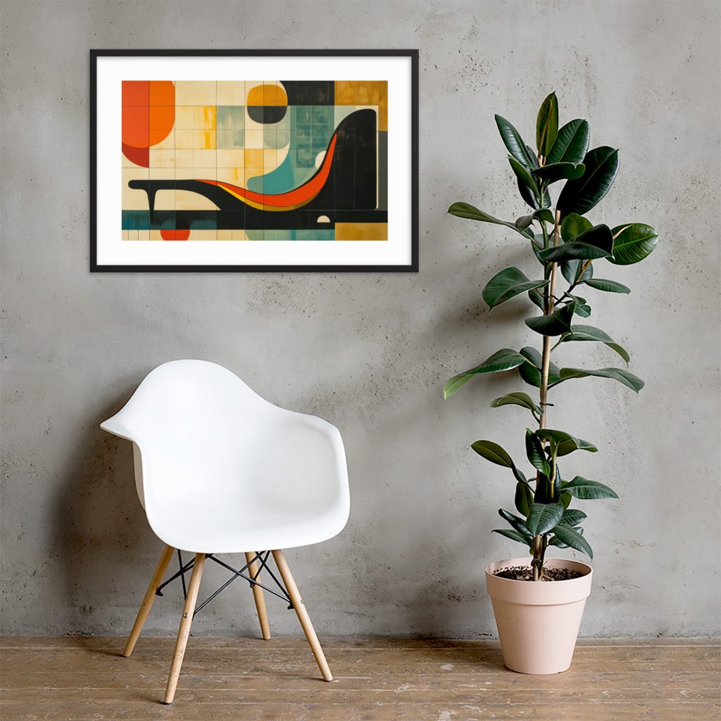A white chair, a potted plant, and framed geometric artwork on a gray wall.