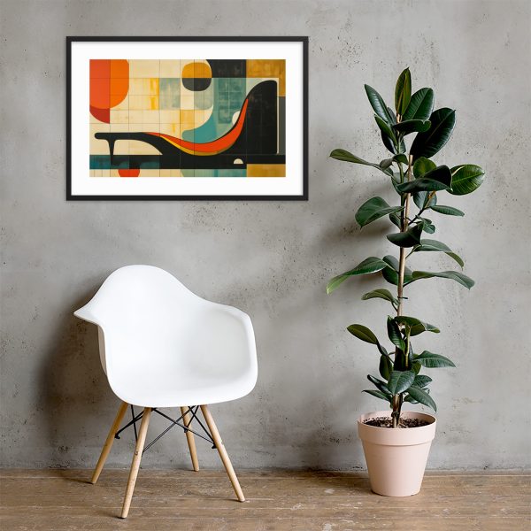 A white chair, a potted plant, and framed geometric artwork on a gray wall.