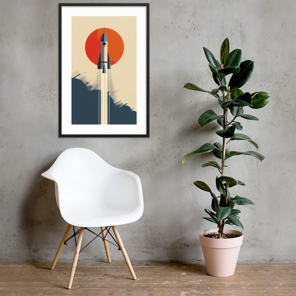 White chair and green plant in modern living room with space-themed artwork on wall.