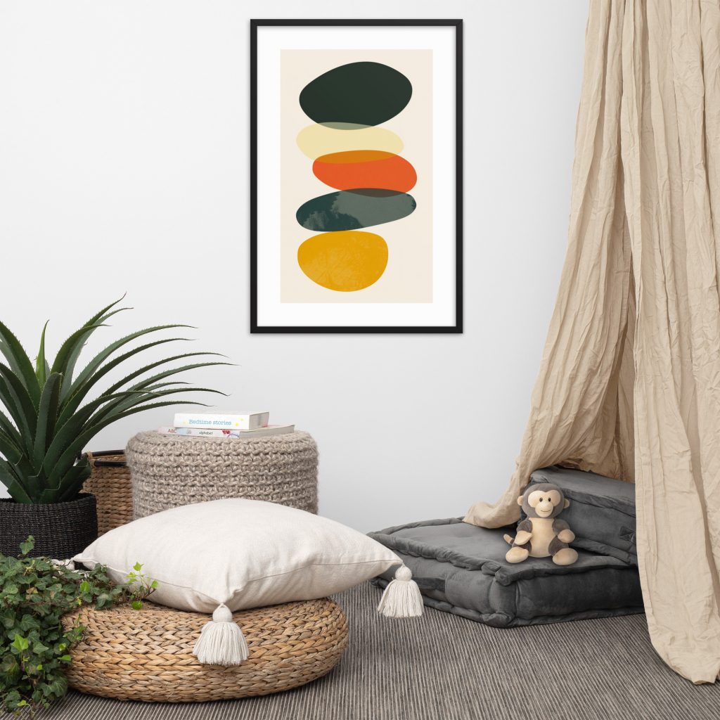 A cozy room features abstract artwork, floor cushions, and a potted plant.